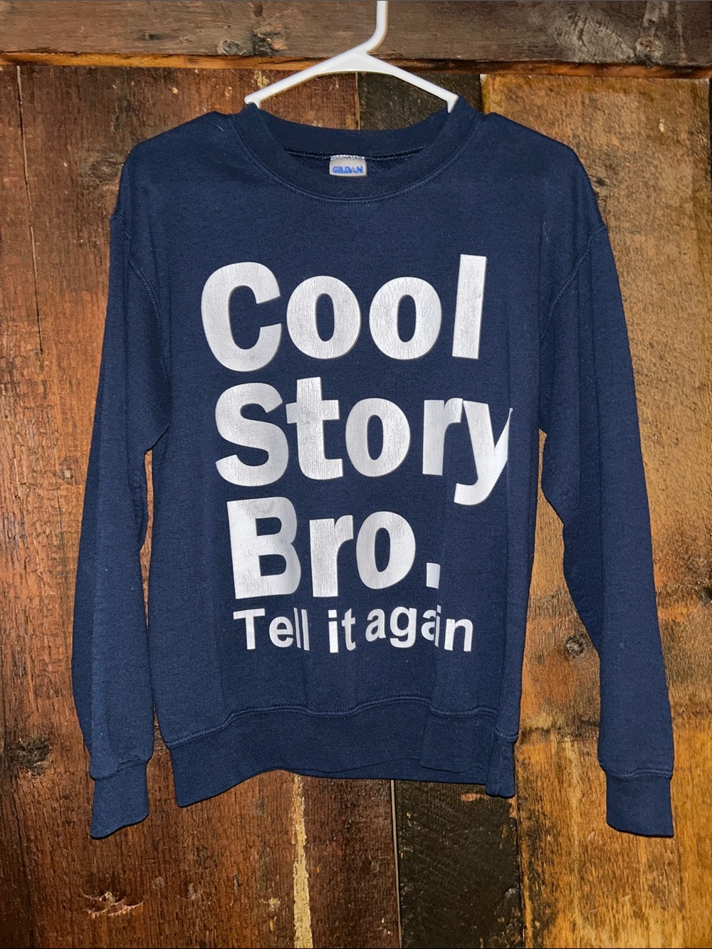 Gildan Navy Crewneck Sweatshirt with White 'Cool Story Bro' Graphic